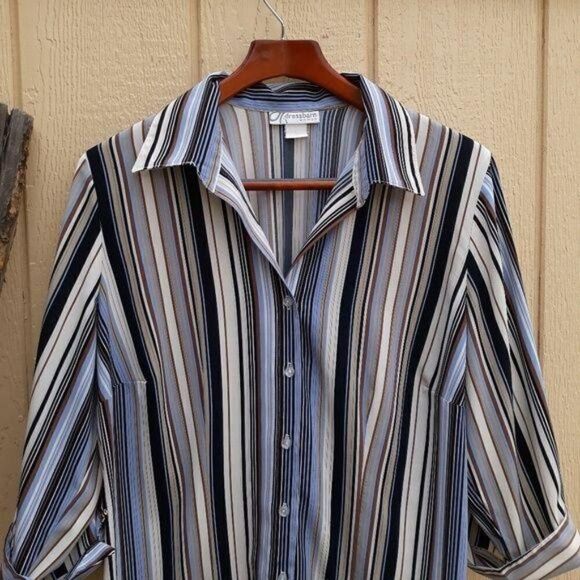 Vintage Blouse 3/4 Sleeve Striped Button Down Collar French Cuff Size 1X - Picture 4 of 8